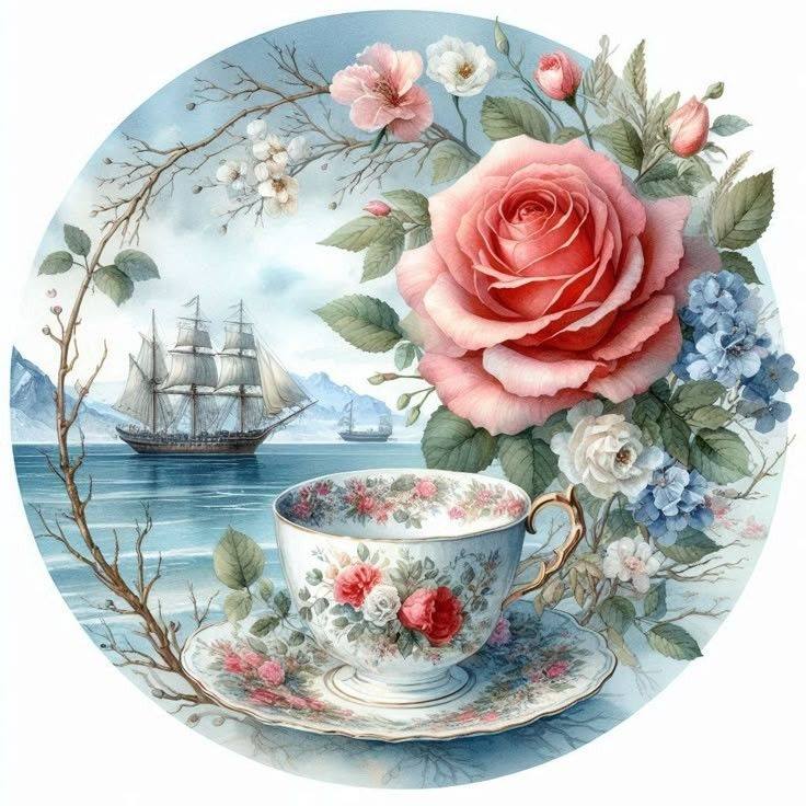 Rose, Teetasse und Segelschiff
